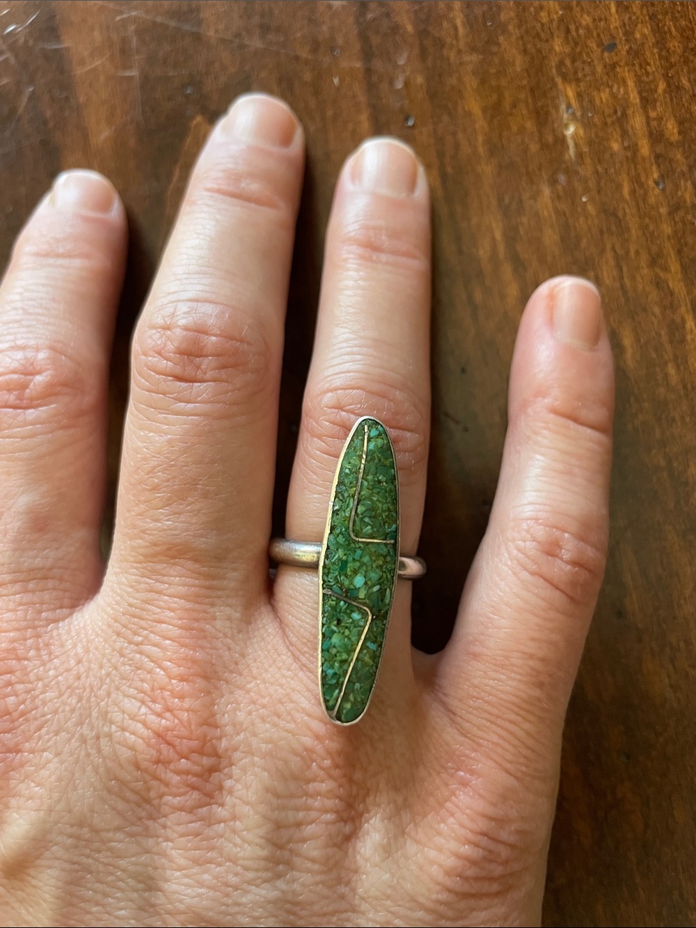 Long turquoise Inlay Oval Ring with Silver Band